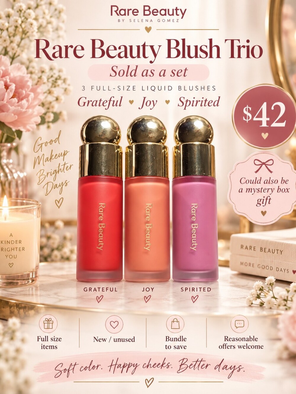 Rare Beauty Blush Trio — Grateful (red), Joy (orange), Spirited (pink)